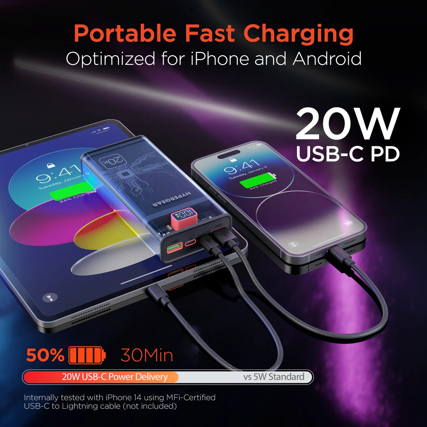 HyperGear 20,000mAh | ClearCharge XL Transparent Fast Charge Power Bank with 20W USB-C PD