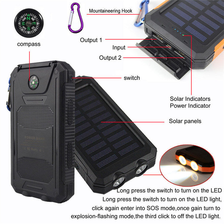 10000mAh Portable Fast Charging Power Bank 2USB Solar Charging with Flashlight For iPhone Xiaomi Android