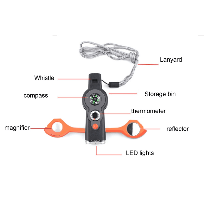 7 In 1 Military Survival Whistle; Multi-function Emergency Life Saving Tool; Outdoor Camping Fishing Hiking Hunting Accessories; Flashlight Compass