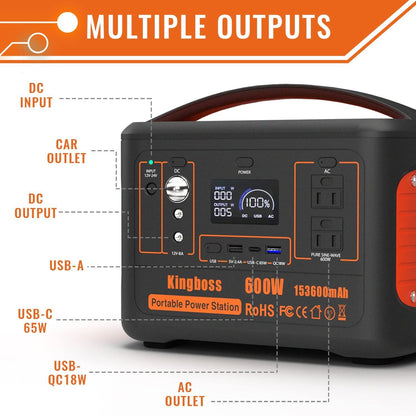 600W Portable Power Station Solar Generator (Peak 1200W) Kingboss;  153600mAh 568WH;  Lithium Battery 110V/600W;  AC Outlet;  2*DC Carport;  2*USB-C;  QC USB 3.0;  Camping Power bank;  Outdoor Indoor