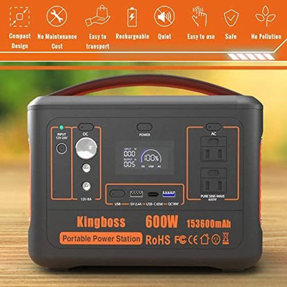 600W Portable Power Station Solar Generator (Peak 1200W) Kingboss;  153600mAh 568WH;  Lithium Battery 110V/600W;  AC Outlet;  2*DC Carport;  2*USB-C;  QC USB 3.0;  Camping Power bank;  Outdoor Indoor