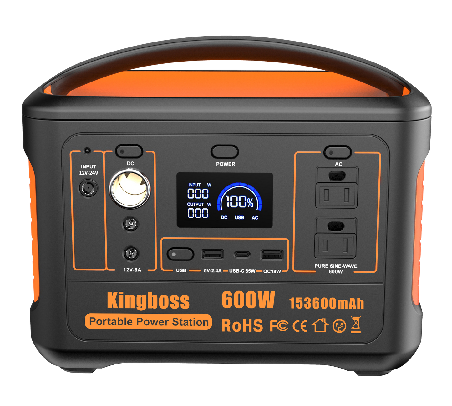 600W Portable Power Station Solar Generator (Peak 1200W) Kingboss;  153600mAh 568WH;  Lithium Battery 110V/600W;  AC Outlet;  2*DC Carport;  2*USB-C;  QC USB 3.0;  Camping Power bank;  Outdoor Indoor