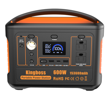 600W Portable Power Station Solar Generator (Peak 1200W) Kingboss;  153600mAh 568WH;  Lithium Battery 110V/600W;  AC Outlet;  2*DC Carport;  2*USB-C;  QC USB 3.0;  Camping Power bank;  Outdoor Indoor