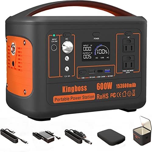 600W Portable Power Station Solar Generator (Peak 1200W) Kingboss;  153600mAh 568WH;  Lithium Battery 110V/600W;  AC Outlet;  2*DC Carport;  2*USB-C;  QC USB 3.0;  Camping Power bank;  Outdoor Indoor