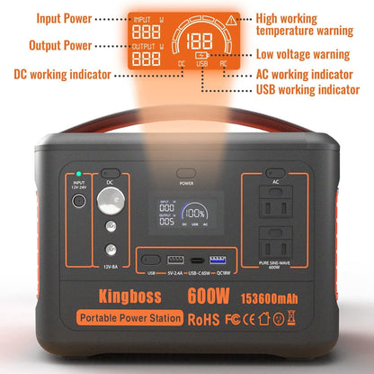 600W Portable Power Station 568Wh 153600mAh Solar Generator Backup Power With AC/DC/ PD 65W Type-c/QC3.0/Wireless Charger /Flashlight;  CPAP Battery Pack Emergency Power Supply Battery Power