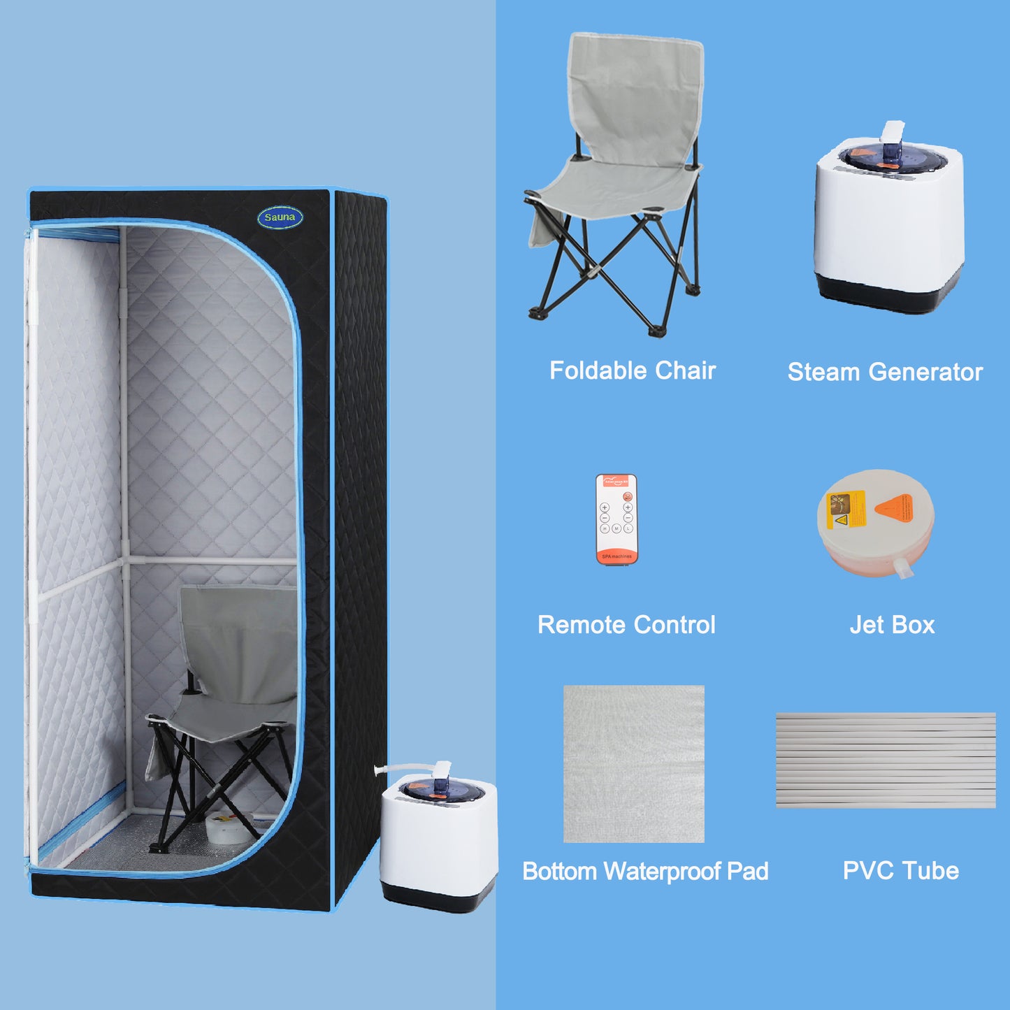 Full Size Portable Black Steam Sauna tent–Personal Home Spa, with Steam Generator, Remote Control, Foldable Chair, Timer and PVC Pipe Connector Easy to Install.Fast heating, with FCC Certification